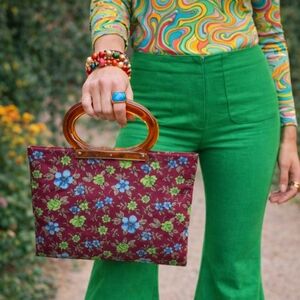 VINTAGE Lady Pride Floral Expandable Handbag Tortoise Lucite Handle 1960s